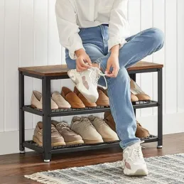 Meuble à chaussures avec tabouret VIANO 730 / Noir mat – bois vintage