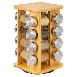 Organiseur rotatif en bois pour épices avec 16 pots / Bois naturel