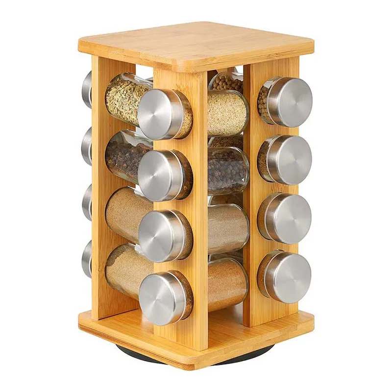 Organiseur rotatif en bois pour épices avec 16 pots / Bois naturel
