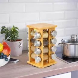 Organiseur rotatif en bois pour épices avec 16 pots / Bois naturel