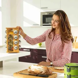 Organiseur rotatif en bois pour épices avec 16 pots / Bois naturel