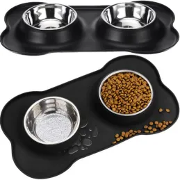Double gamelle pour animaux avec tapis en silicone STAR 450 ml / Noir