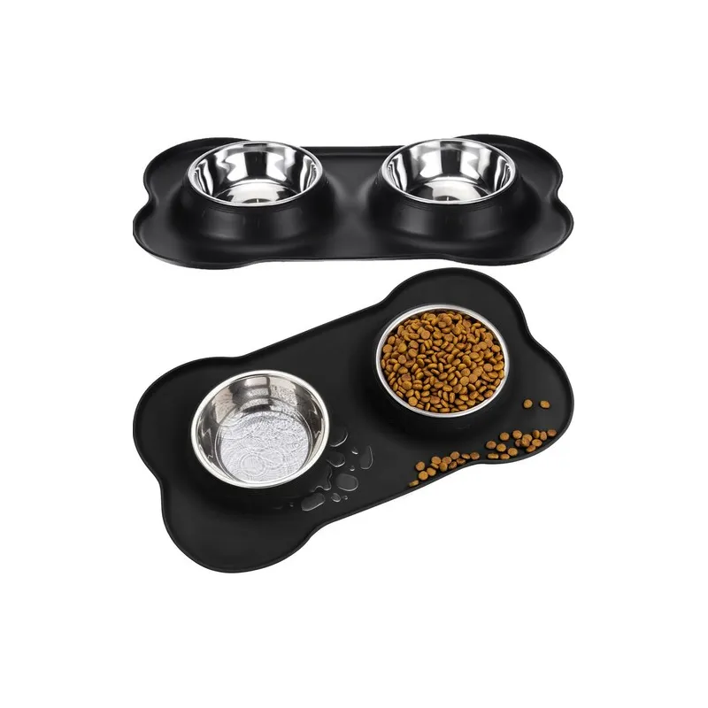 Double gamelle pour animaux avec tapis en silicone STAR 450 ml / Noir