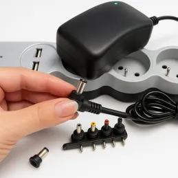 Bloc d’alimentation universel avec 6 embouts 3–12 V + USB / Noir