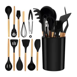 Set de 11 ustensiles de cuisine / Noir – bois naturel