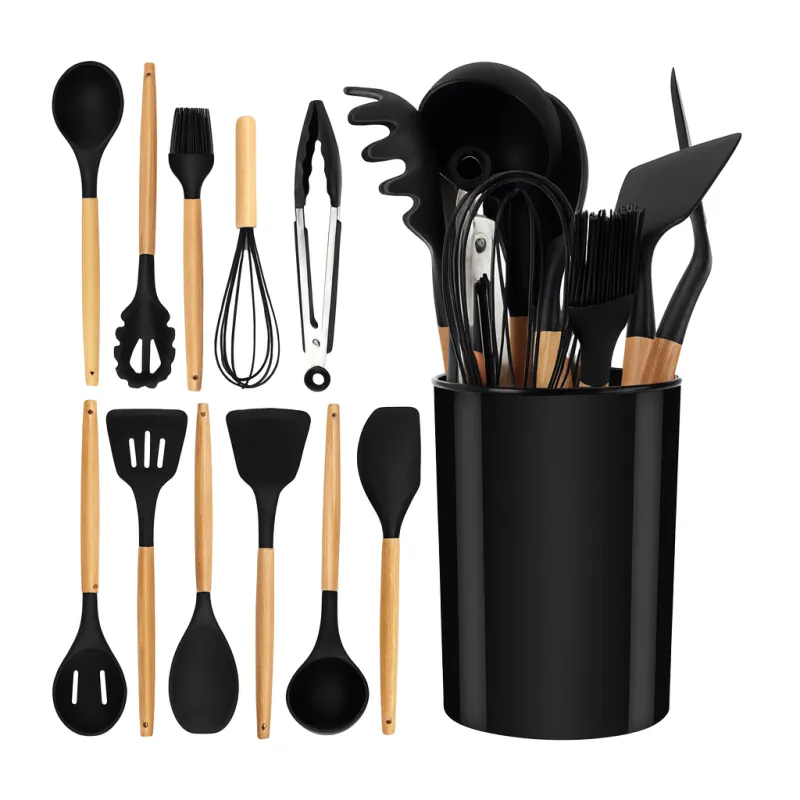 Set de 11 ustensiles de cuisine / Noir – bois naturel