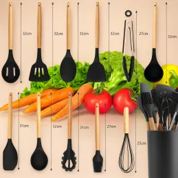 Set de 11 ustensiles de cuisine / Noir – bois naturel