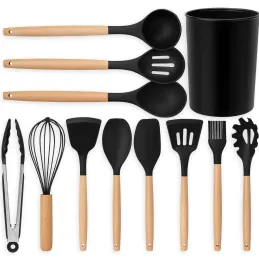 Set de 11 ustensiles de cuisine / Noir – bois naturel