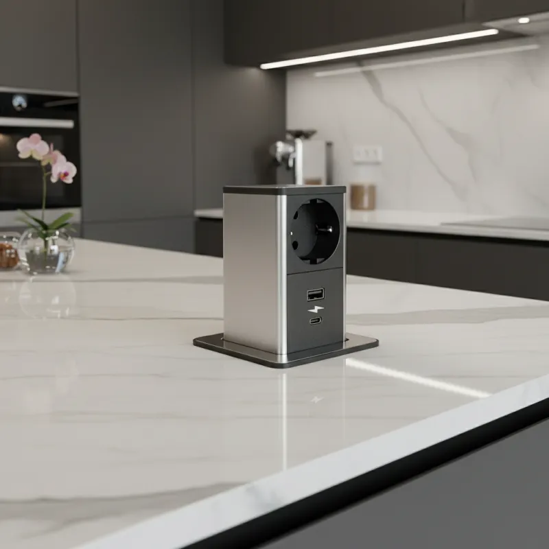 Prise escamotable SQUARE UP SCHUKO 1×230 V + USB A-C / Inox