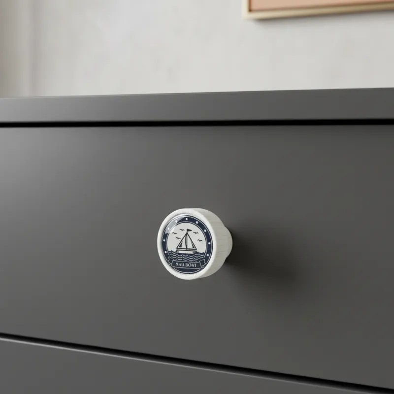 Poignée bouton en bois ARSIA / Blanc – motif bateau