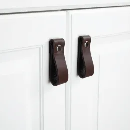 Poignée bouton en cuir DOLCE Mini / Marron foncé