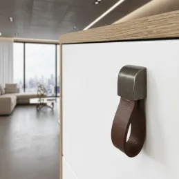 Poignée bouton en cuir LEATY / vieux argent – cuir marron