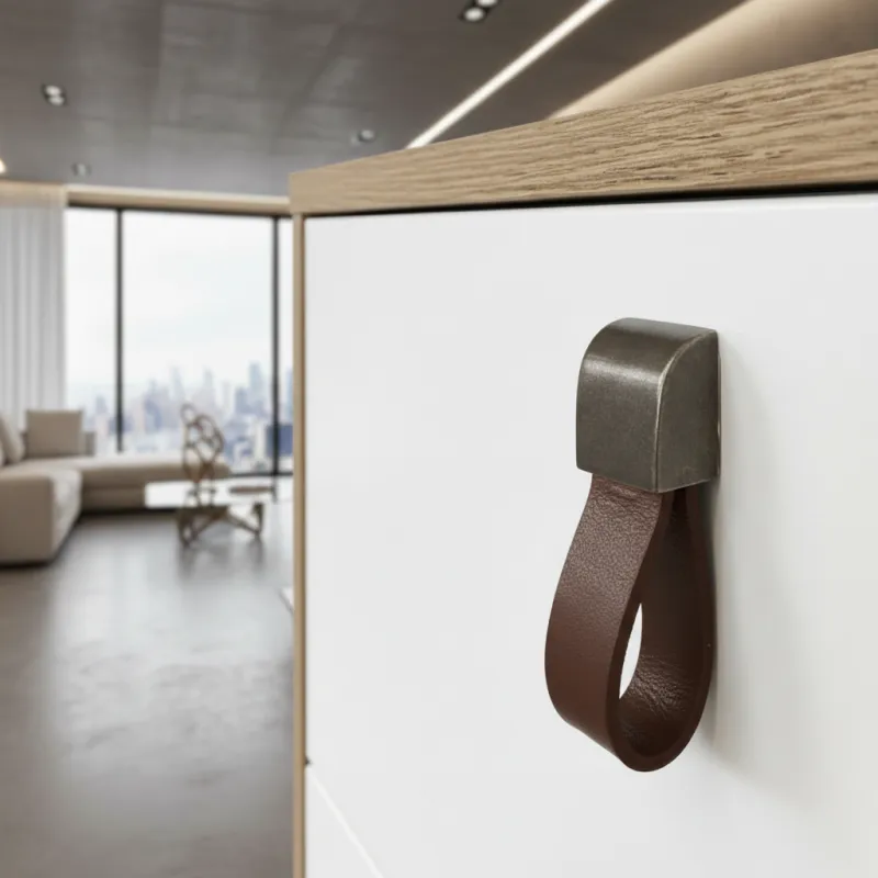 Poignée bouton en cuir LEATY / vieux argent – cuir marron