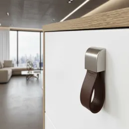 Poignée bouton en cuir LEATY / Nickel foncé – cuir marron