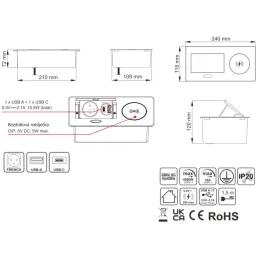 Prise électrique escamotable 1x230 V + recharge USB A-C / Blanc mat