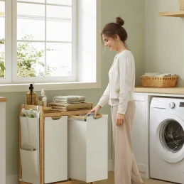 Panier à linge SPA HARMONY DUO / Blanc + bois naturel