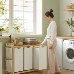 Panier à linge SPA HARMONY TRIO / Blanc + bois naturel