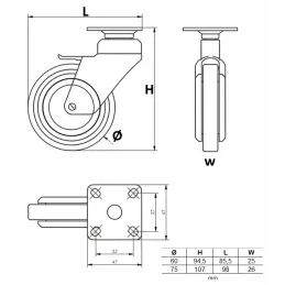 Roulettes de meuble sans frein NOVA / chromé – gris