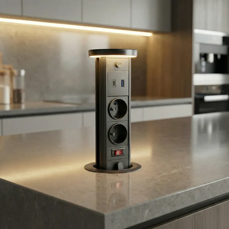 Prise escamotable LEGIA FRENCH 2x230V + USB A-C + éclairage / Noir mat