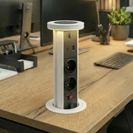 Prise escamotable LEGIA FRENCH 2x230V + USB A-C + éclairage / Blanc mat