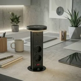 Prise escamotable LEGIA SCHUKO 2x230V + USB A-C + éclairage / Noir mat