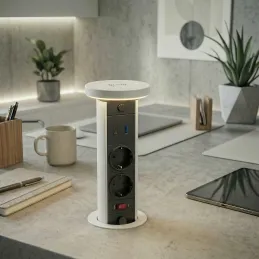 Prise escamotable LEGIA SCHUKO 2x230V + USB A-C + éclairage / Blanc mat