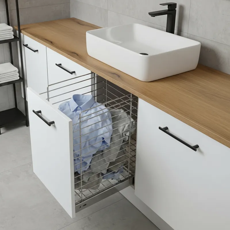 Panier à linge coulissant avec amortissement et fixation sur la porte ORTA / Chrome brillant
