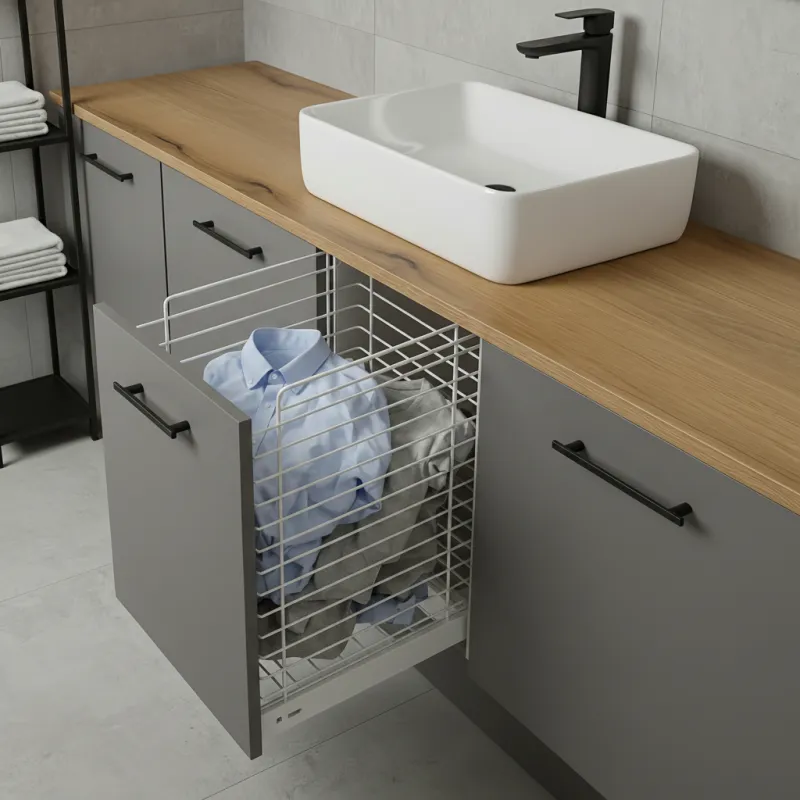 Panier à linge coulissant avec fermeture amortie et fixation sur porte ORTA / Blanc mat