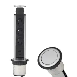 Prise électrique escamotable ASTRA FRENCH 3x230V + 2x USB pour recharge / Aluminium