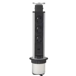 Prise électrique escamotable ASTRA FRENCH 3x230V + 2x USB pour recharge / Aluminium