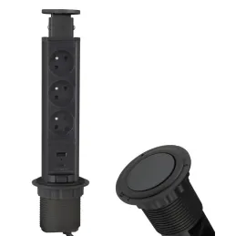 Prise électrique escamotable ASTRA FRENCH 3x230V + 2x USB pour recharge / Noir