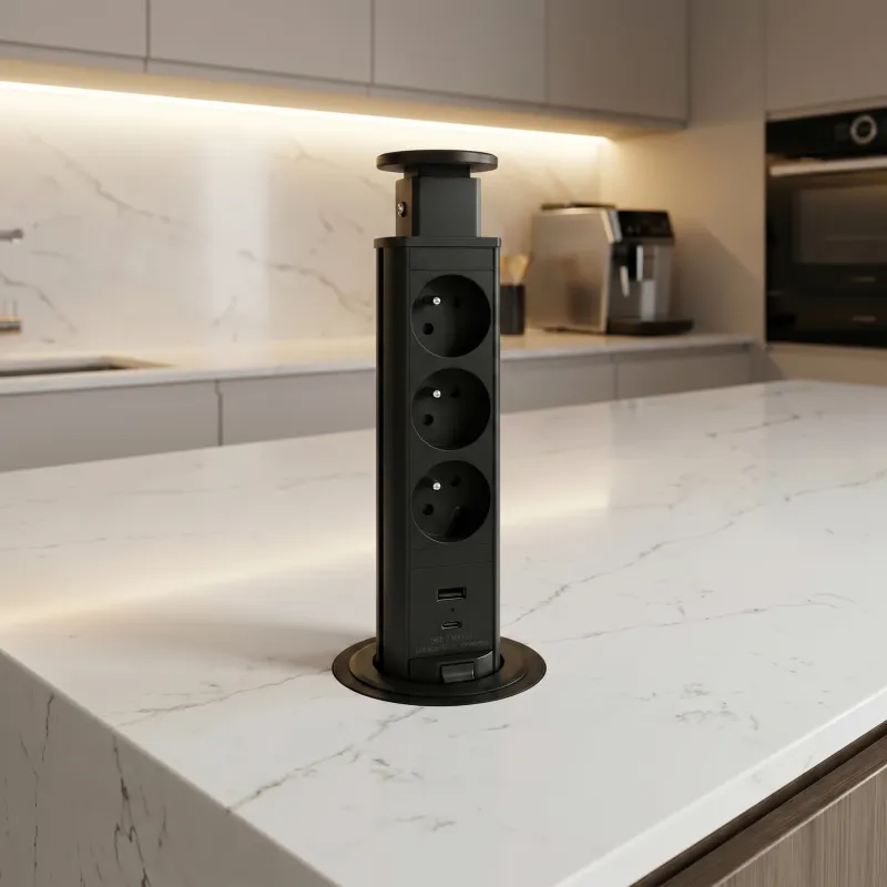 Prise électrique escamotable ASTRA FRENCH 3x230V + 2x USB pour recharge / Noir
