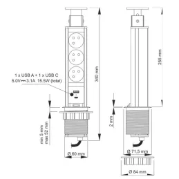 Prise électrique escamotable ASTRA FRENCH 3x230V + 2x USB pour recharge / Blanche