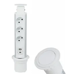 Prise électrique escamotable ASTRA FRENCH 3x230V + 2x USB pour recharge / Blanche
