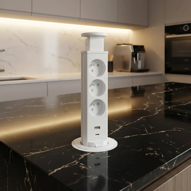 Prise électrique escamotable ASTRA FRENCH 3x230V + 2x USB pour recharge / Blanche