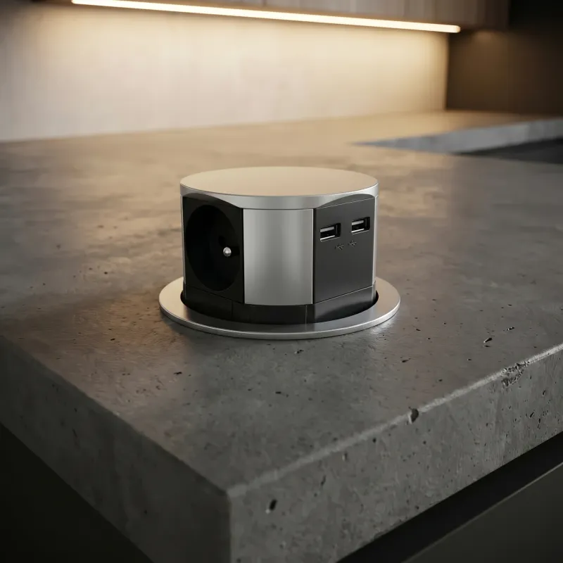Prise électrique escamotable TETRABOX FRENCH 3x 230V + 2x USB / Aluminium