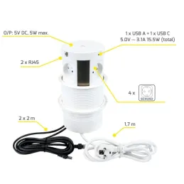 Prise électrique escamotable MULTIBOX 4x 230V + 2x USB + 2x RJ45 / Blanche