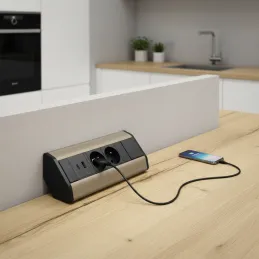 Bloc multiprise encastrable CORNER FRENCH 2x 230V + 2x USB / Noir – acier inoxydable