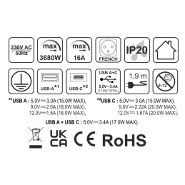 Prise électrique SLIDE 1x230V + 2xUSB FRENCH / Inox