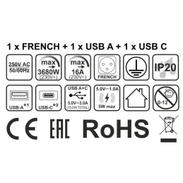 Prise encastrable de bureau LUPO FRENCH 1x230V + USB A/C – Noir