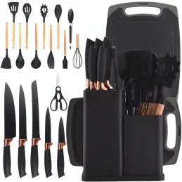 Set de 12 pièces de couverts et couteaux de cuisine avec ciseaux et planche ELYS / Noir
