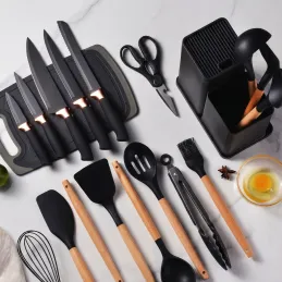 Set de 12 pièces de couverts et couteaux de cuisine avec ciseaux et planche ELYS / Noir