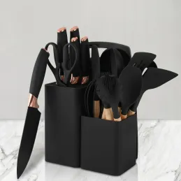 Set de 12 pièces de couverts et couteaux de cuisine avec ciseaux et planche ELYS / Noir