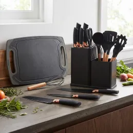Set de 12 pièces de couverts et couteaux de cuisine avec ciseaux et planche ELYS / Noir
