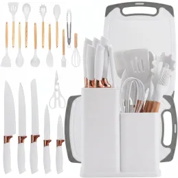 Ensemble ELYS de 12 pièces de couverts et couteaux de cuisine avec ciseaux et planche à découper / Blanc