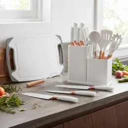 Ensemble ELYS de 12 pièces de couverts et couteaux de cuisine avec ciseaux et planche à découper / Blanc