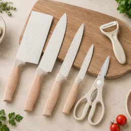 Lot de 6 couteaux de cuisine avec ciseaux et éplucheur UGO / Crème