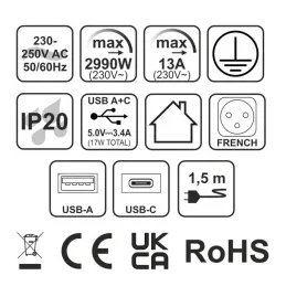 Bloc multiprise électrique EUROBOX 2x230V + 1xUSB C+A FRENCH / Noir mat