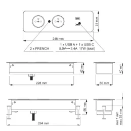 Bloc multiprise électrique EUROBOX 2x230V + 1xUSB C+A FRENCH / Noir mat