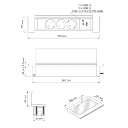 Bloc multiprise encastrable SLIM BOX SCHUKO 3x 230V + USB / Inox